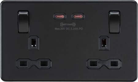 Knightsbridge Screwless 13A 2G Switched Socket With Dual 2.4A USB Matt Black | SFR9224MBB