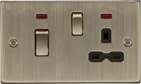 Knightsbridge 45A DP Cooker Switch with Neon & 13A Socket Antique Brass | CS83MNAB