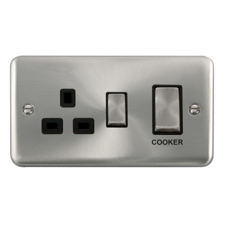 Click Deco Plus Satin Chrome 45A Ingot 2 Gang DP Switch With 13A DP Switched Socket Black Insert | DPSC504BK