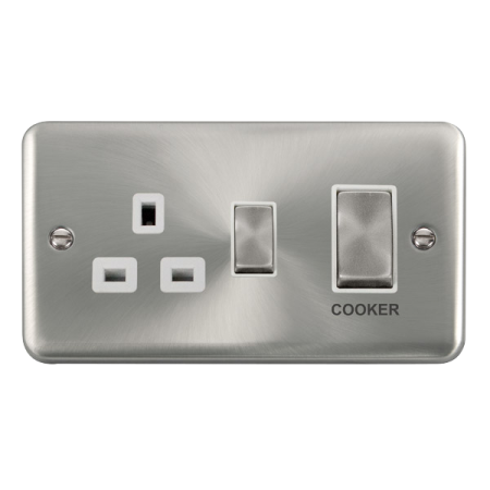 Click Deco Plus Satin Chrome 45A Ingot 2 Gang DP Switch With 13A DP Switched Socket White Insert | DPSC504WH
