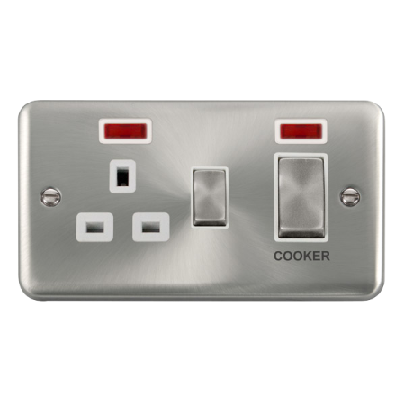 Click Deco Plus Satin Chrome 45A Ingot 2 Gang DP Switch With 13A DP Switched Socket & Neon White Insert | DPSC505WH