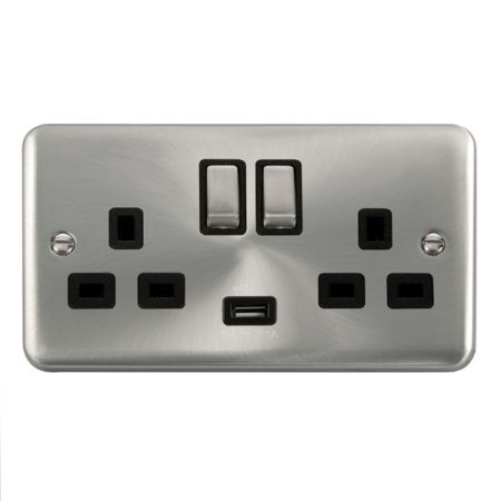 Click Deco Plus Satin Chrome 13a Double Socket With USB Black Insert DPSC570BK
