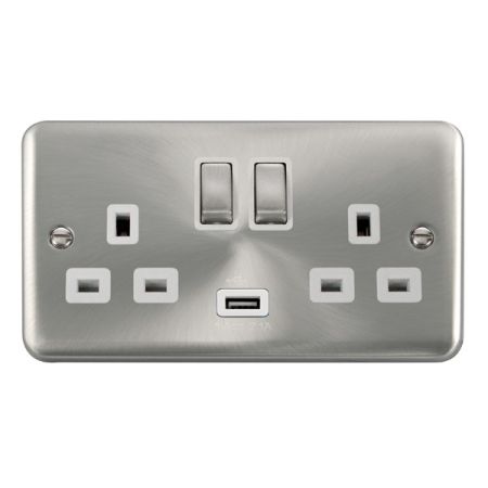 Click Deco Plus Satin Chrome 13a Double Socket With USB White Insert DPSC570WH