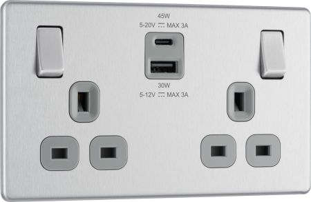 BG Nexus Screwless FBS22UAC45G Brushed Steel Double Socket with 45W USB A+C Fast Charging Grey Insert
