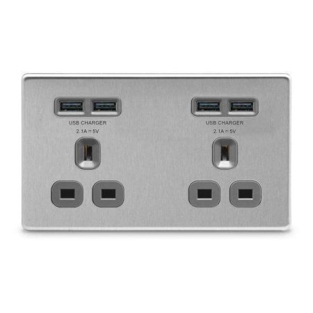 BG Nexus Screwless Brushed Steel 13A 4 x USB Double Socket Grey Insert | FBS24U44G
