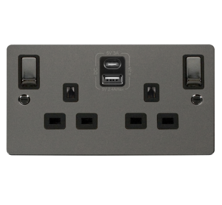Click Define Black Nickel Type A & C USB Double Socket | FPBN586BK