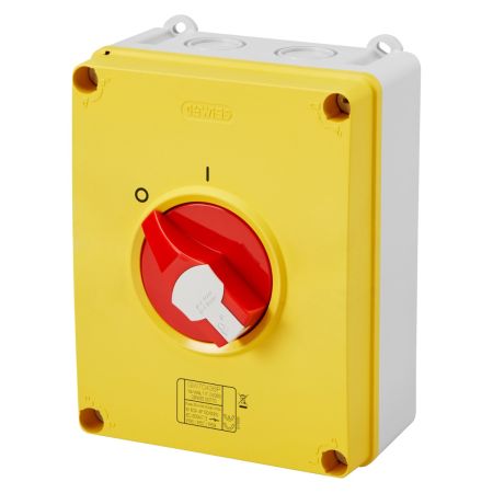 Gewiss Yellow IP66/67/69 Plastic Surface Mounting Emergency 4P Rotary Isolator Switch With Red Handle | GW70438P