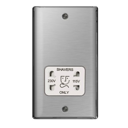 BG Nexus Metal Brushed Stainless Steel 115/230V Dual Voltage Shaver Socket White Insert | NBS20W