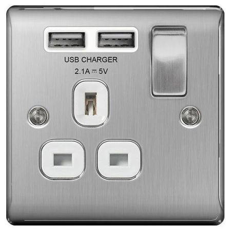 BG Nexus Metal Brushed Steel 13A 1 Gang Switched Plug Socket + 2 USB (2.1A) White Insert | NBS21U2W