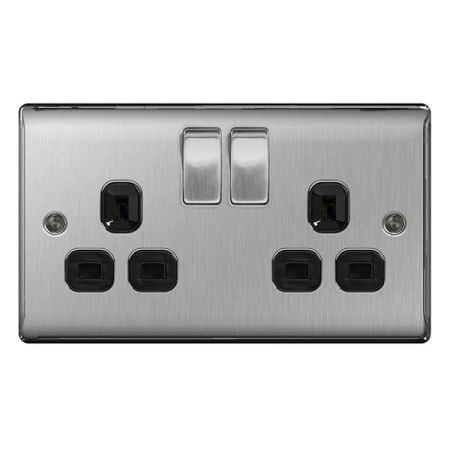 BG Nexus Metal Brushed Steel 13A 2 Gang Switched Plug Socket Black Insert | NBS22B