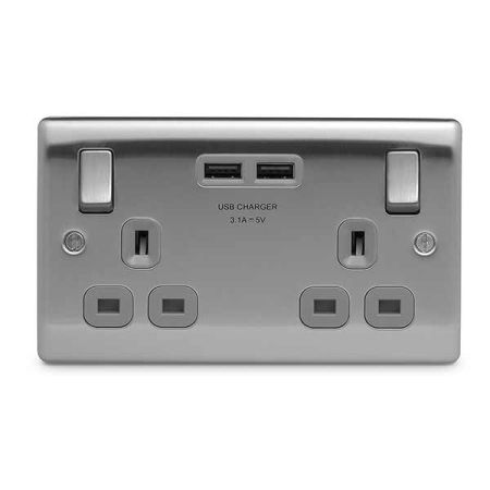 BG Nexus Metal Brushed Steel 13A 2 Gang Switched Plug Socket + 2 USB Grey Insert | NBS22U3G
