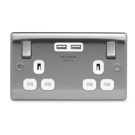BG Nexus Metal Brushed Steel 13A 2 Gang Switched Plug Socket + 2 USB White Insert | NBS22U3W