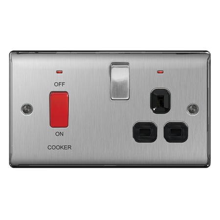 BG Nexus Metal Brushed Stainless Steel 45A Cooker Switch & 13A Plug Socket Black Insert | NBS70B