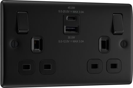 BG Nexus NFB22UAC45B Matt Black Double Socket with 45W USB A+C Fast Charging