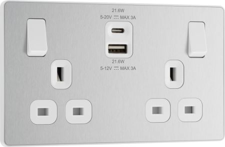 BG Evolve PCDBS22UAC22W 13A Double Switched Power Socket + USB A+C (22W) - Brushed Steel