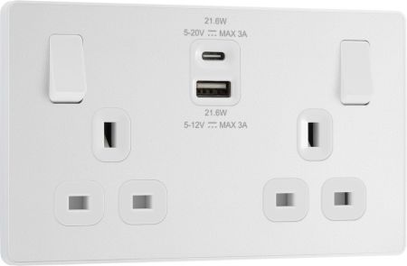 BG Evolve PCDCL22UAC22W Pearlescent White 13A Double USB Socket with 22W USB A+C Charging