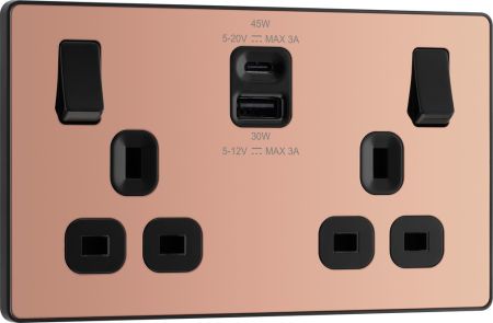 BG Evolve PCDCP22UAC45B Polished Copper Double Socket with 45W USB A+C Fast Charging