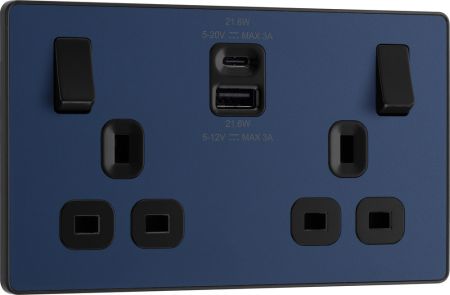 BG Evolve PCDDB22UAC22B Matt Blue 13A Double USB Socket with 22W USB A+C Charging