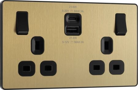 BG Evolve PCDSB22UAC22B Satin Brass 13A Double USB Socket with 22W USB A+C Charging