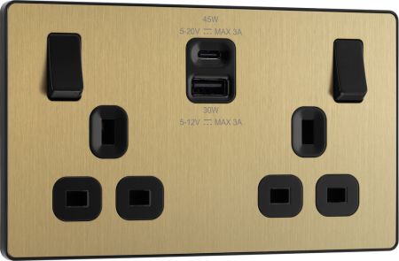BG Evolve PCDSB22UAC45B Satin Brass Double Socket with 45W USB A+C Fast Charging