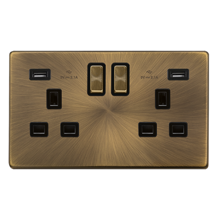 Click Definity Antique Brass 13a Dp Double Socket & Dual Usb - SFAB580BK