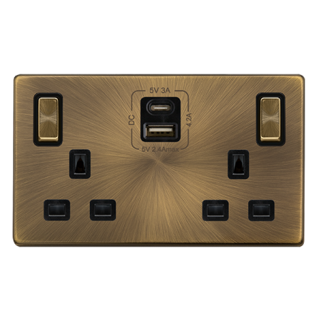 Click Definity Antique Brass 13a Dp Double Socket & Usb Type C & A - SFAB586BK