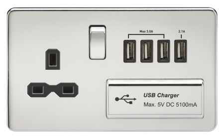 Knightsbridge Screwless Polished Chrome 13A Switched Socket With Quad USB Black Insert SFR7USB4PC