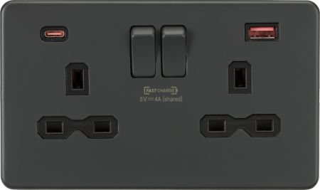 Knightsbridge 13A 2G Socket & Dual Fast Charge Outlets A+C Anthracite | SFR9909AT