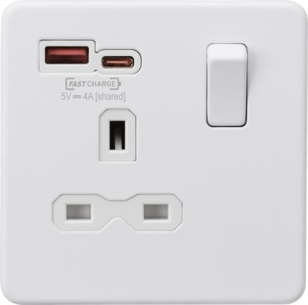 Knightsbridge Screwless 13A 1G SP Switched Socket with Dual USB A+C Matt White | SFR9919MW
