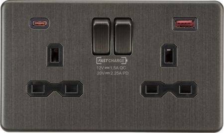 Knightsbridge Screwless Smoked Bronze 13A 2G DP Switched Socket with Dual USB A+C Smoked Bronze | SFR9945SB