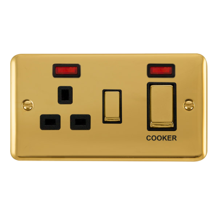 Click Deco Plus Polished Brass 45A Double Pole Switch with 13A Double Pole Switched Socket Outlet with Neon DPBR505BK