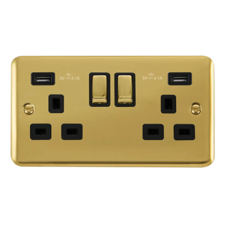 Click Deco Plus Polished Brass 13A USB Type A Double Socket Black Insert | DPBR580BK