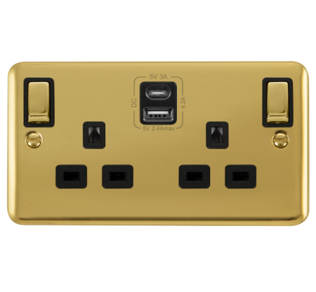 Click Deco Plus Polished Brass 13A USB Type C & A Double Socket Black Insert | DPBR586BK