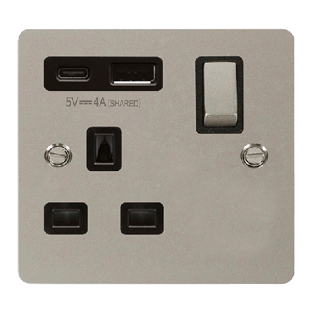 Click Define Pearl Nickel 1 Gang 13A Single Switched Socket with Type A and C USB FPPN585BK