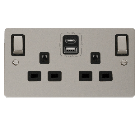 Click Define Pearl Nickel Type A & C USB Double Socket FPPN586BK