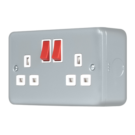 Click Metal Clad Pro Grey 13A 2 Gang Double Pole Switched Socket Outlet Red Rockers MCP536RD