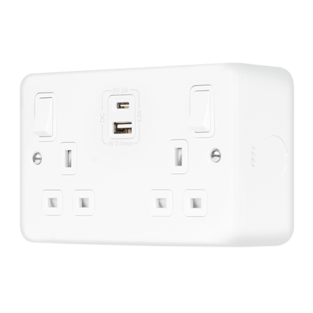 Click Metal Clad Pro Polar White 13A 2 Gang Switched Socket Outlet With Type A & C USB (4.2A) Outlets MCP586PW