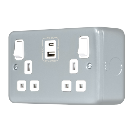 Click Metal Clad Pro Grey 13A 2 Gang Switched Socket Outlet With Type A & C USB (4.2A) Outlets MCP586