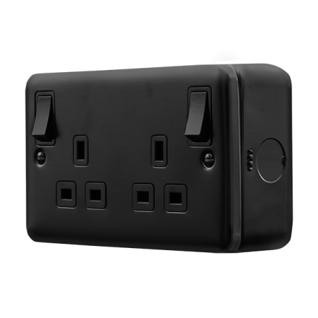 Click Metal Clad Pro Matt Black 13A 2 Gang Double Pole Switched Socket Outlet With Outboard Rockers MCP836BK