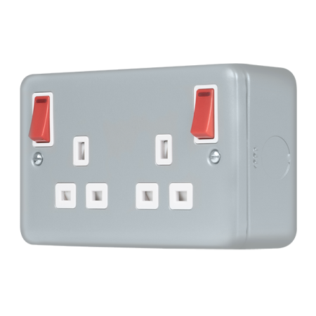 Click Metal Clad Pro Grey 13A 2 Gang Double Pole Switched Socket Outlet With Red Outboard Rockers & LEDs MCP840RD