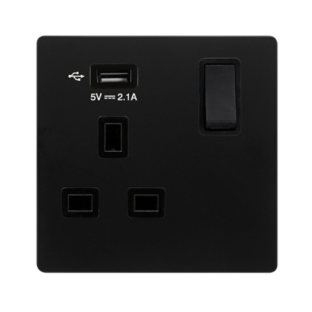 Click Definity Screwless 13A Ingot 1 Gang Switched Socket With 2.1A Usb Outlet | SFBK771UBK