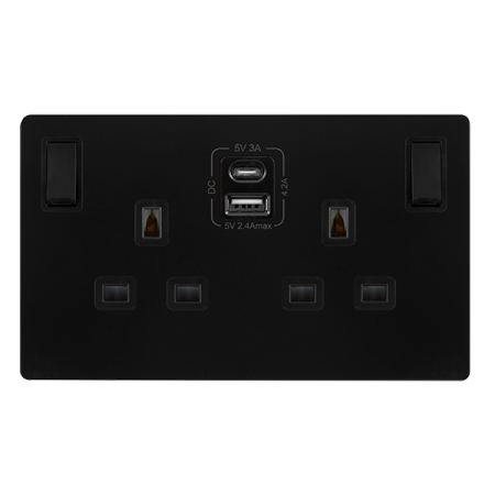 Click Definity Screwless 13a Ingot 2 Gang Switched Safety Shutter Socket Type A & C Usb | SFBK786BK