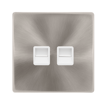 Click Definity Complete Brushed Steel with White Insert Screwless Twin Secondary Telephone Outlet SFBS126PW