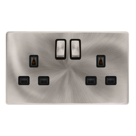 13a Ingot 2 Gang Dp Switched Safety Shutter Socket - Brushed Steel Cover Plate - Black Insert