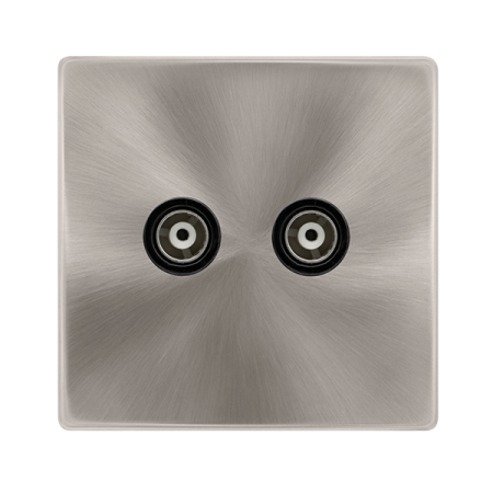 Twin Isolated Coaxial Outlet - Brushed Steel Cover Plate - Black Insert