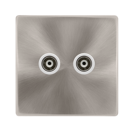 Twin Isolated Coaxial Outlet - Brushed Steel Cover Plate - Polar White Insert