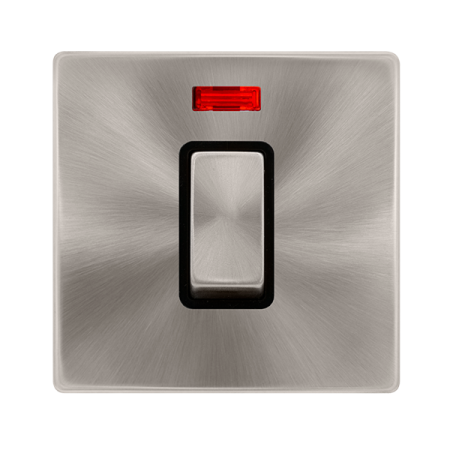 50a Ingot 1 Gang Double Pole Switch With Neon - Brushed Steel Cover Plate - Black Insert
