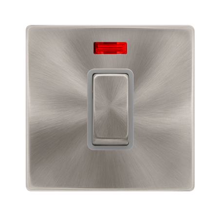 Click Definity Complete Brushed Steel with Grey Insert Screwless 1 Gang 50A Double Pole Single Switch with Neon SFBS501GY