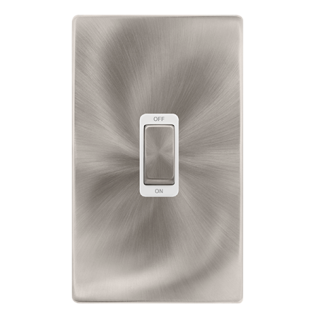 50a Ingot 2 Gang Double Pole Switch - Brushed Steel Cover Plate - Polar White Insert