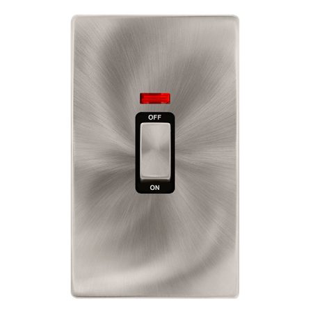 Click Definity Complete Brushed Steel with Black Insert Screwless 2 Gang Vertical 50A Double Pole Switch with Neon SFBS503BK